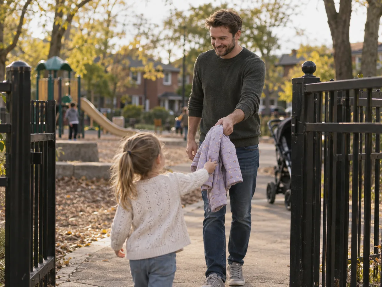 A park gate at leaving time, a parent holding out a small jacket, a child’s hand reaching for it