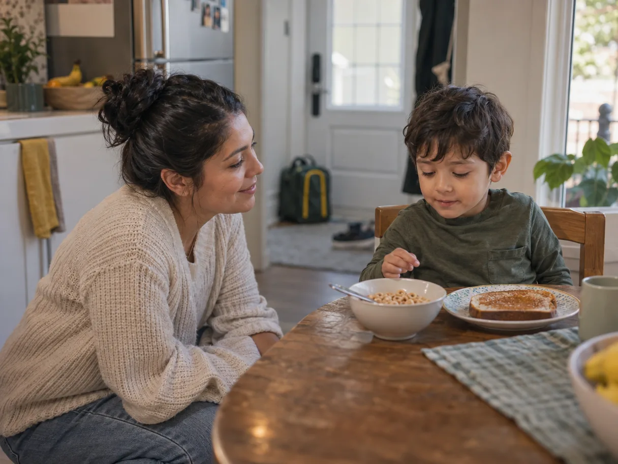 A kitchen at 7:42, cereal and toast on the table, a parent crouched to a four-year-old’s height